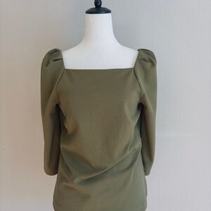 Ann Taylor Olive Green Square Neck Puff Sleeve Blouse